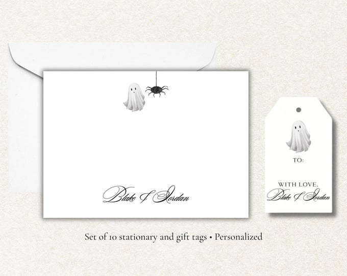 Personalized Halloween Stationery Set | Ghost and Spider Design | Custom Family Name Note Cards and Gift Tags | Fall Stationery A2 Set
