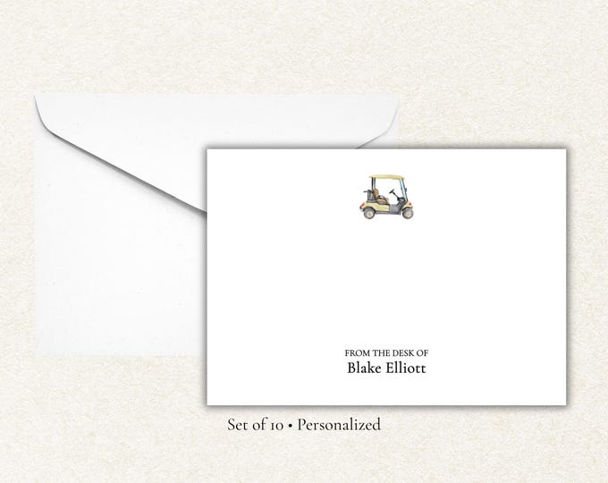 Personalized Golf Cart Stationery | From the Desk Of Note Cards | Custom Name Flat Cards with Envelopes | A2 Notecards Set