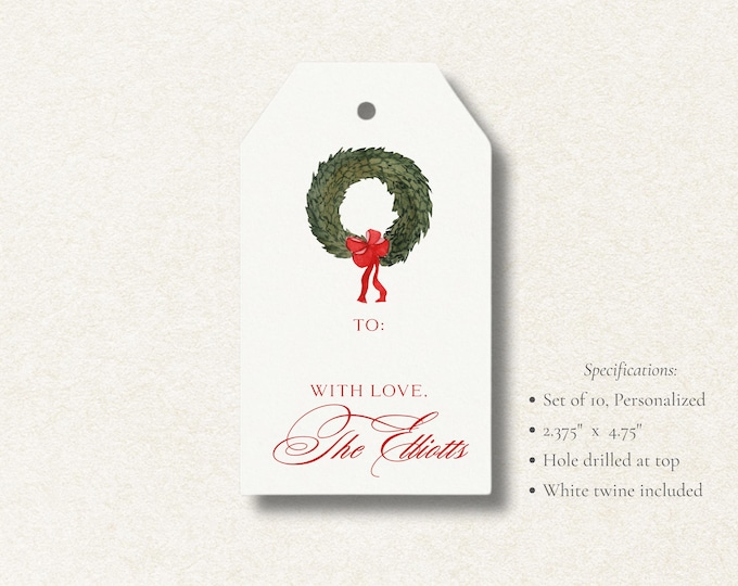 Personalized Christmas Wreath Gift Tags | Custom Holiday Tags, Set of 10 | Elegant Red & Green Christmas Favor Tags with Twine