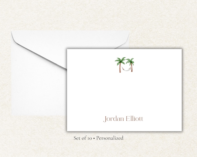 Personalized Palm Tree Stationery | Custom Name Flat Note Cards | Tropical Beach Notecards with Envelopes | Summer Gift Set (10)