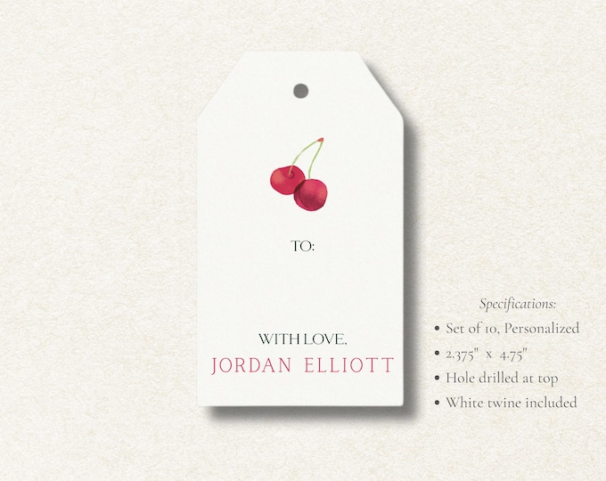 Personalized Cherry Gift Tags | Custom Fruit Favor Tags | Playful Summer Party Tags | Set of 10 | Red Watercolor Gift Tags with Twine
