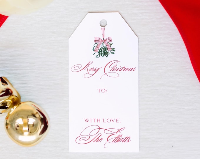 Personalized Merry Christmas Gift Tags | Custom Holiday Gift Tags | Set of 16 | Elegant Red & Green Christmas Mistletoe Tags with Twine