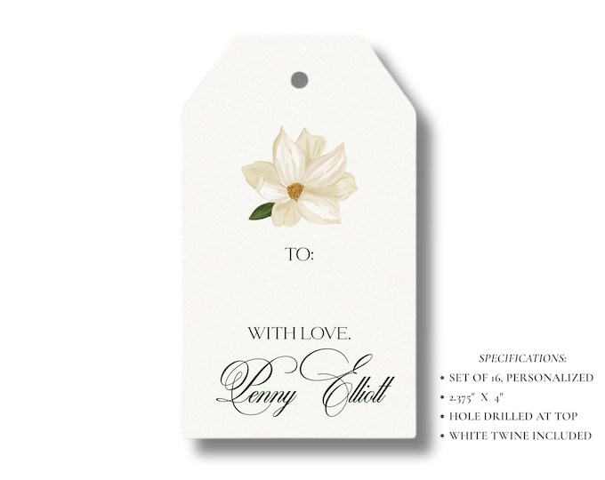 Personalized Magnolia Gift Tags | Custom Floral Favor Tags | Southern Wedding Gift Tags | Set of 16 | Tags with Twine