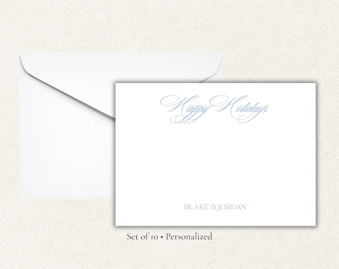 Personalized Happy Holidays Notecards | Elegant Holiday Stationery Set of 10 | Light Blue Script Christmas Cards with Envelopes