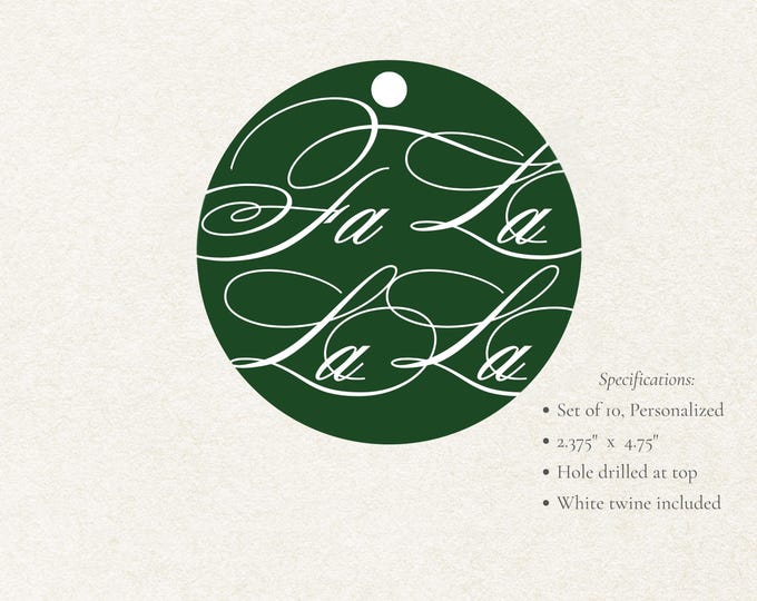 Personalized Fa La La Christmas Gift Tags | Forest Green Round Holiday Tags, Set of 10 | Elegant Script Christmas Tags with White Lettering
