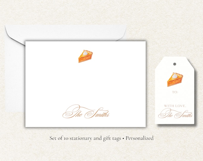 Personalized Pumpkin Pie Stationery Set | Fall Flat Note Cards and Gift Tags | Custom Family Name | Thanksgiving Stationery A2 Set