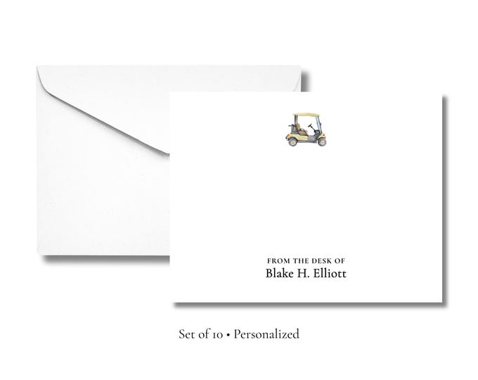 Personalized Golf Cart Stationery | “From the Desk Of” Notecards | Custom Name Flat A2 Cards with Envelopes | Stationery Set of 10