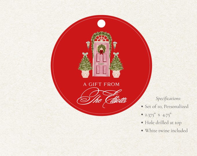 Personalized Christmas Door Gift Tags | Red Round Holiday Tags, Set of 10 | Elegant Front Door Christmas Tags with White Script & Twine