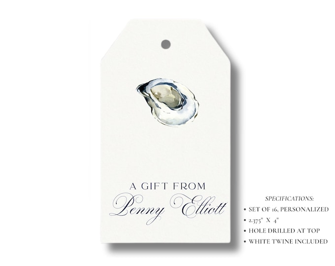 Personalized Oyster Gift Tags | Coastal Hostess Gift Tags | Nautical Blue & White Favor Tags | Set of 16 | Tags with Twine