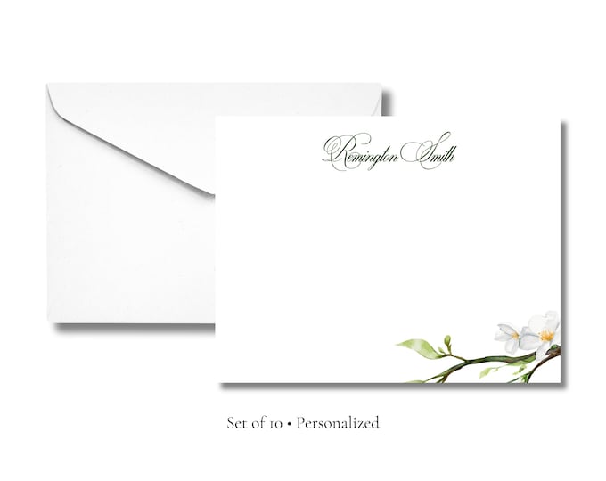 Personalized Magnolia Stationery | Elegant Floral Flat Notecards with Envelopes | Custom Name Stationery Set | Set of 10