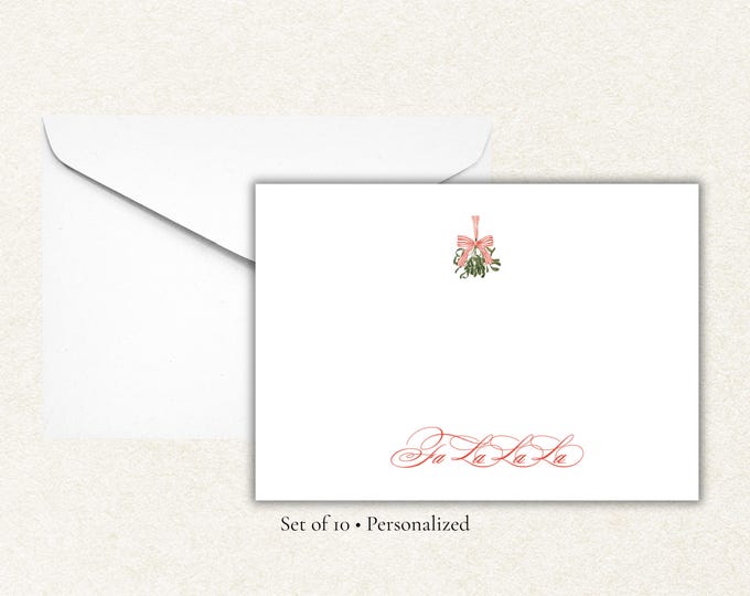Personalized Fa La La Christmas Notecards | Elegant Holiday Stationery Set of 10 | Red Script Christmas Cards with Mistletoe