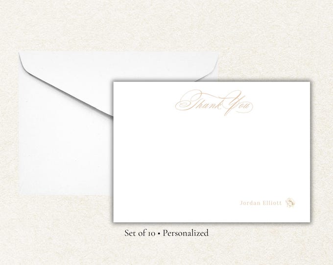 Personalized Thank You Stationery | Custom Name Flat Note Cards | Elegant Script Notecards with Envelopes | Wedding or Business Set (10)