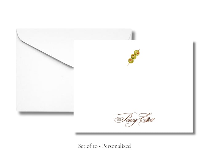 Personalized Martini Olive Stationery | Custom Cocktail A2 Notecards with Envelopes | Flat Note Cards | Hostess & Bar Cart Gift