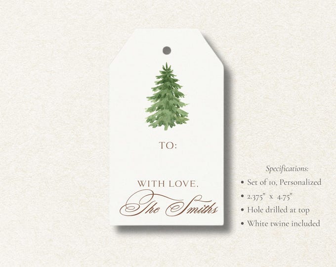 Personalized Christmas Tree Gift Tags | Custom Holiday Tags | Set of 10 | Elegant Green & Brown Christmas Favor Tags with Twine