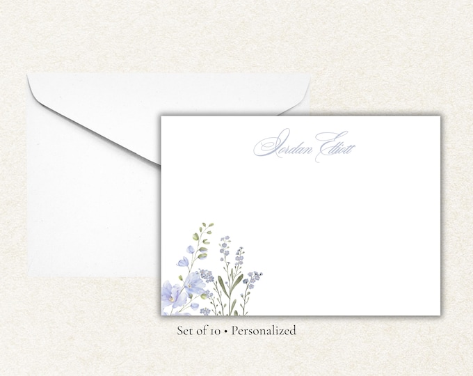 Personalized Stationery | Blue Floral Note Cards | Custom Name Flat Cards with Envelopes | Stationery Set of 10