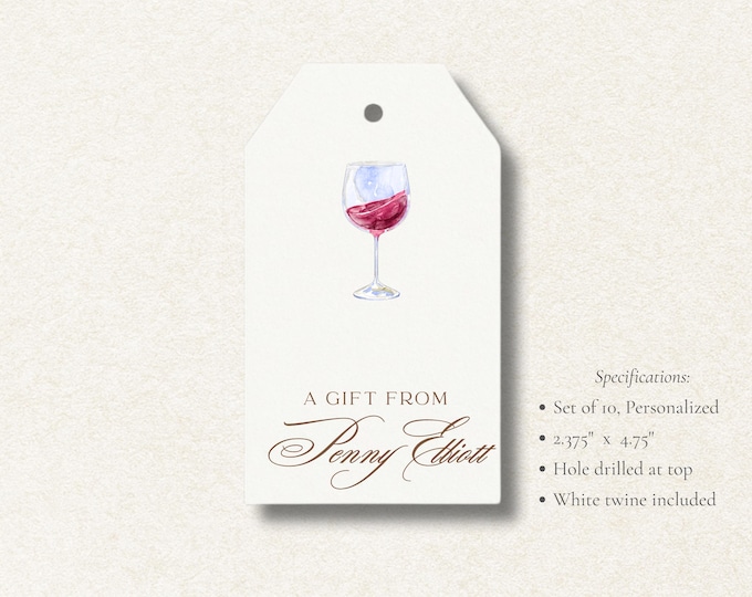 Personalized Wine Gift Tags | Custom Hostess Tags | Red Wine Favor Tags | Set of 10 | Elegant Watercolor Wine Glass Gift Tags with Twine