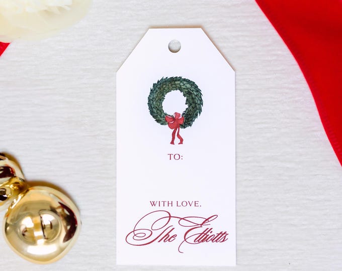 Personalized Christmas Wreath Gift Tags | Custom Holiday Gift Tags, Set of 16 | Elegant Red & Green Christmas Tags with Twine