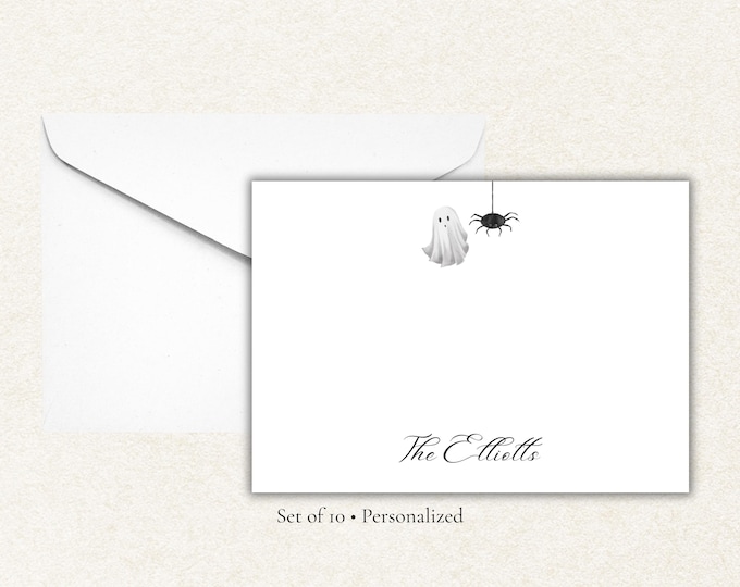 Personalized Halloween Stationery | Ghost and Spider Flat Note Cards | Custom Family Name | Fall Notecards | A2 Cards with Envelopes