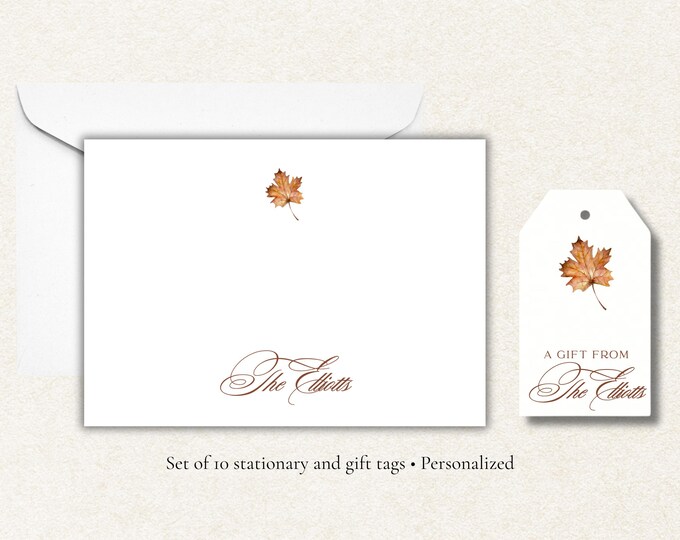 Personalized Fall Stationery Set | Maple Leaf Flat Note Cards & Gift Tags | Custom Family Name | Thanksgiving Stationery A2 Set