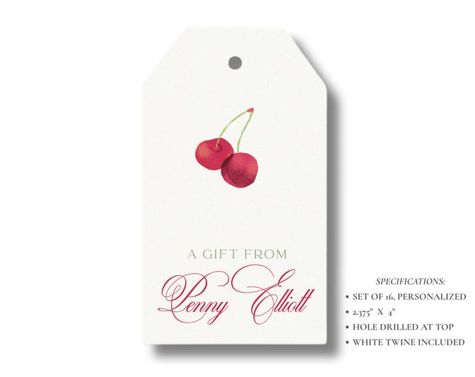 Personalized Cherry Gift Tags | Custom Fruit Favor Tags | Summer Party Gift Tags | Set of 16 | Red Watercolor Tags with Twine