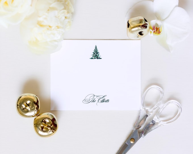 Personalized Christmas Tree Stationery Set | Custom Family Name Flat Note Cards with Envelopes | Holiday Notecards (A2)