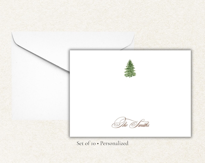 Personalized Christmas Tree Stationery Set | Custom Family Name Flat Note Cards with Envelopes | Holiday Notecards (A2)