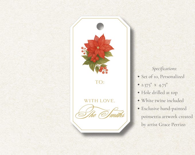 Personalized Poinsettia Christmas Gift Tags | Elegant Holiday Tags, Set of 10 | Hand-Painted Red Floral Christmas Tags with Gold Lettering