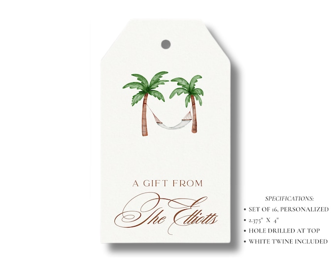 Personalized Palm Tree Gift Tags | Tropical Coastal Favor Tags | Beach Wedding Gift Tags | Set of 16 | Tags with Twine