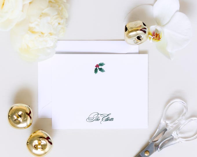 Personalized Holly Berry Christmas Stationery | Elegant Holiday A2 Notecards with Envelopes | Custom Family Name Cards | Set of 10