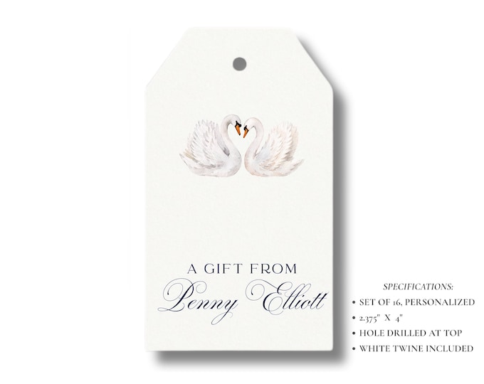 Personalized Swan Gift Tags | Romantic Wedding Favor Tags | Custom Elegant Gift Tags, Set of 16 | Watercolor Swan Tags with Twine