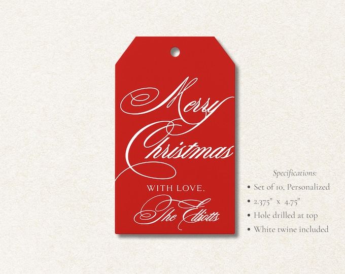 Personalized Merry Christmas Gift Tags | Classic Red Holiday Tags, Set of 10 | Elegant Script Christmas Tags with White Lettering & Twine