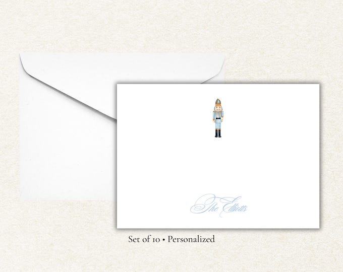 Personalized Nutcracker Christmas Notecards | Elegant Holiday Stationery Set of 10 | Blue Nutcracker Christmas Cards with Envelopes