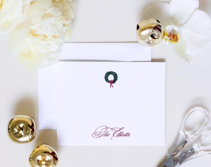 Personalized Christmas Wreath Stationery | Elegant Holiday A2 Notecards with Envelopes | Custom Flat Note Cards | Set of 10