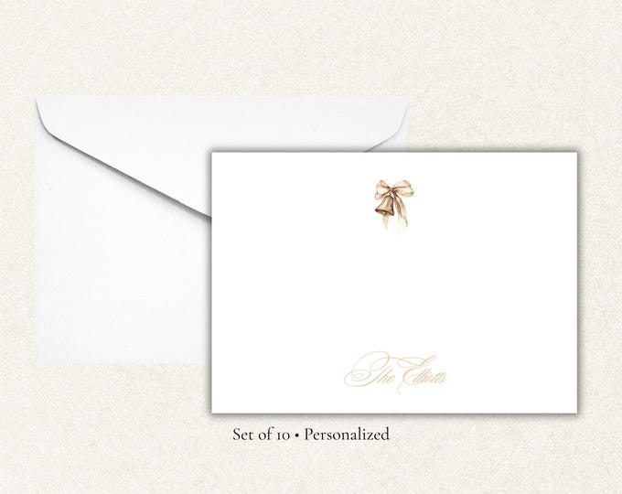 Personalized Christmas Bell Notecards | Elegant Holiday Stationery Set of 10 | Gold Bell Christmas Cards with Envelopes