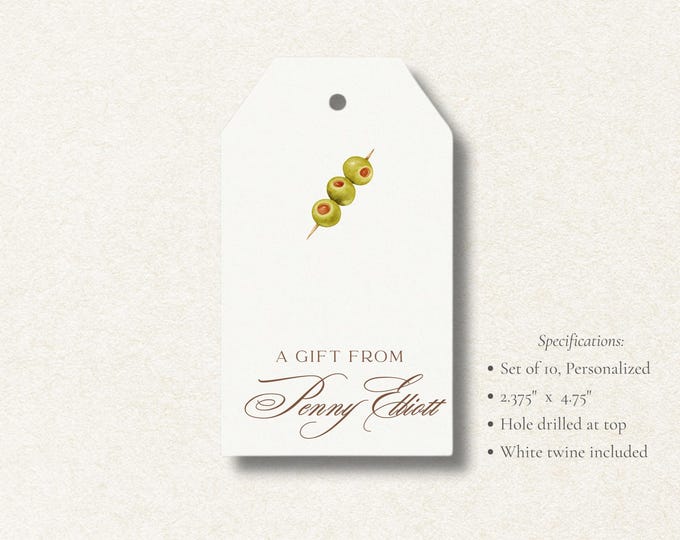 Personalized Olive Gift Tags | Martini Cocktail Favor Tags | Custom Bar Cart Tags | Set of 10 | Watercolor Green Olive Gift Tags with Twine