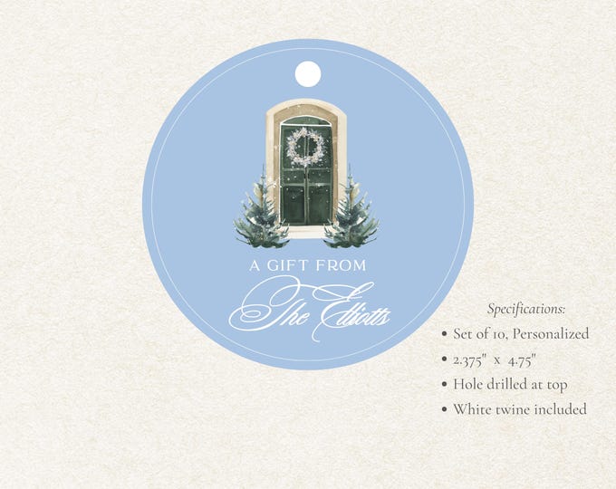 Personalized Blue Christmas Door Gift Tags | Elegant Holiday Tags, Set of 10 | Winter House Christmas Tags with White Script & Twine