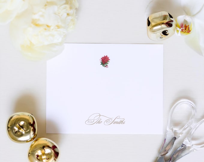 Personalized Poinsettia Christmas Stationery | Hand-Painted Holiday A2 Notecards with Envelopes | Red Floral Christmas Cards with Gold
