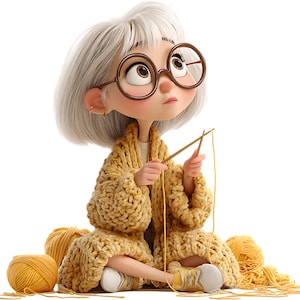 Könnte beinhalten: Cartoon-Illustration einer Person mit grauem Haar und großer runder Brille, die einen gelben Strickpullover trägt und mit Holzstricknadeln und gelbem Garn strickt. Mehrere Knäuel gelben Garns sind verstreut.