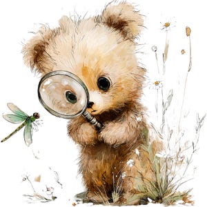 May include: Watercolor illustration of a teddy bear examining a dragonfly with a magnifying glass. The bear is light brown with big black eyes, surrounded by white flowers and green grass. The dragonfly is green and brown.