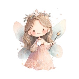 Puede incluir: Ilustración en acuarela de un hada de los dientes con cabello castaño largo, vestida con un vestido rosa y una corona floral. Sostiene un diente en una mano y una varita de estrella en la otra. Colores pastel suaves y diseño caprichoso.