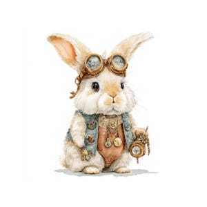 May include: A watercolour illustration of a rabbit in steampunk attire. The rabbit wears goggles, a vest, and a bodysuit, and holds a pocket watch. The colour scheme features beige, brown, and blue.