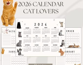 May include: A 2026 calendar for cat lovers. The calendar features a variety of cat illustrations and the text "2026 CALENDAR CAT LOVERS". The calendar has 13 pages.