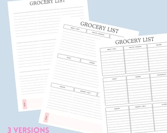 May include: Three versions of a grocery list template are displayed on a light blue background. The lists are white with black text, including the words "Grocery List" at the top. Categories include "Meat/Fish," "Fruits/Veggies," "Dairy," "Drinks," "Pantry," and "Bakery/Dely."