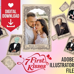 Può includere: Una grafica scaricabile digitalmente con un'immagine centrale di una coppia etichettata "Bride & Groom". Le carte circostanti mostrano varie figure. Il design include il testo "7 First Kisses" e "ADOBE ILLUSTRATOR FILE", con un'icona "DIGITAL DOWNLOAD".
