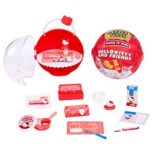 May include: A Hello Kitty Mini Verse Make It Mini set. The set includes a red carrying case, a red ball with the text "Hello Kitty and Friends", and various miniature accessories in red, white, and clear. The accessories include a cutting board, a knife, and a small jar.