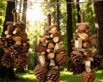 Juguete masticable para loros hecho a mano, de madera natural, con hueso de sepia y calcio, ideal para entrenar, escalar y aliviar el aburrimiento.