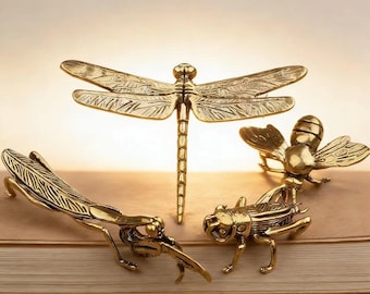 Juego de figuras de insectos de cobre macizo hechas a mano, decoración de escritorio vintage de latón con forma de libélula, abeja, saltamontes y avispa, regalo coleccionable artesanal.
