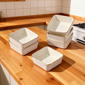 Könnte beinhalten: Eine Anordnung weißer quadratischer Keramikschalen mit goldenen Rändern auf einer Holzoberfläche. Die Schalen sind in Gruppen von zwei und drei gestapelt. Die Schalen sind leer und scheinen unbenutzt zu sein.