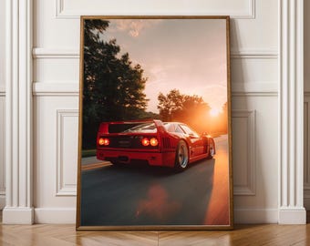 Impresión artística de un deportivo Ferrari F40 rojo clásico / Decoración en rojo y naranja / Arte mural para garaje, oficina y sala de estar / Tonos gris y negro / Superdeportivo de los 90