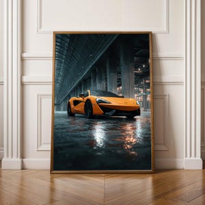 McLaren 540C Wandkunst Druck, Supersportwagen Orange im Regen, Automobil-Fotografie Poster, Luxus Sportwagen-Wanddeko